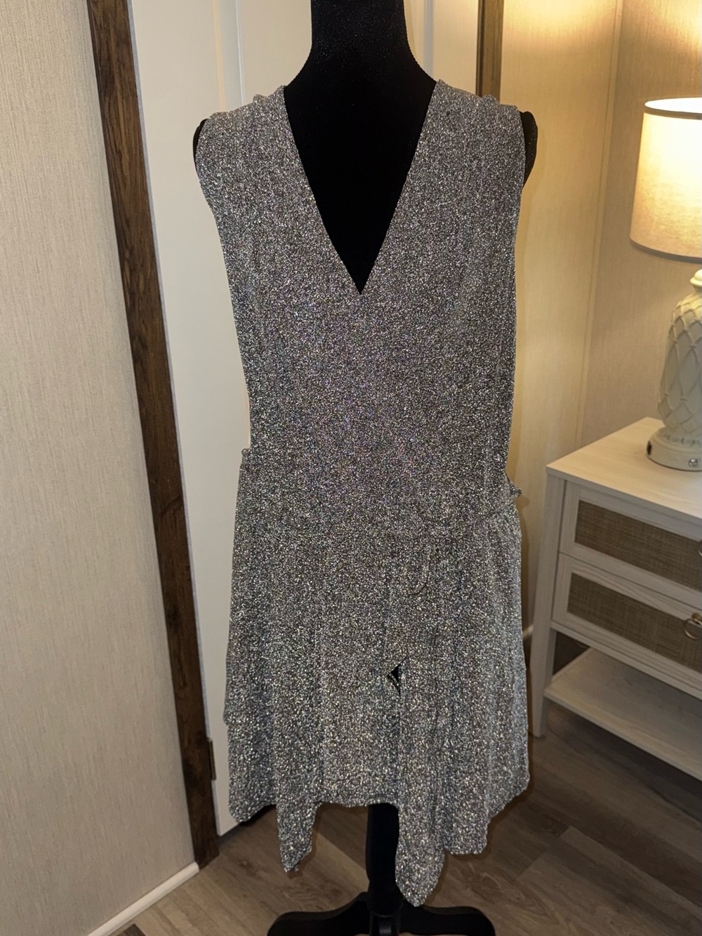 white birch Silver Metallic Sleeveless V-Neck Romper NWT